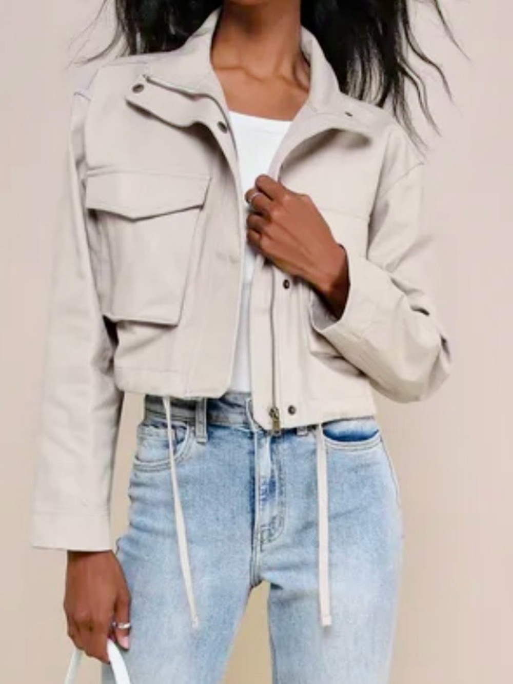 Lulu's Cropped Utility Jacket in Light Beige